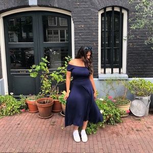 H&M Dark Blue Boat Neck Fit and Flare dress with Back Crisscross Cutout Detail